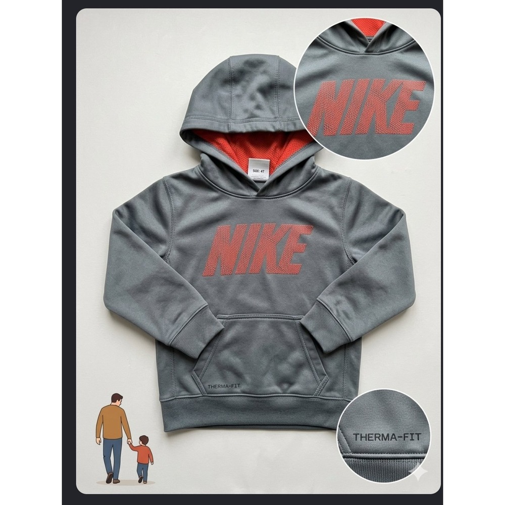 Nike Therma-FIT Gray Red Hooded Sweatshirt Kids Size 4T Pullover Hoodie